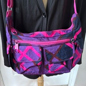 Kipling Crossbody Bag in Purple and Pink with Geometric Design